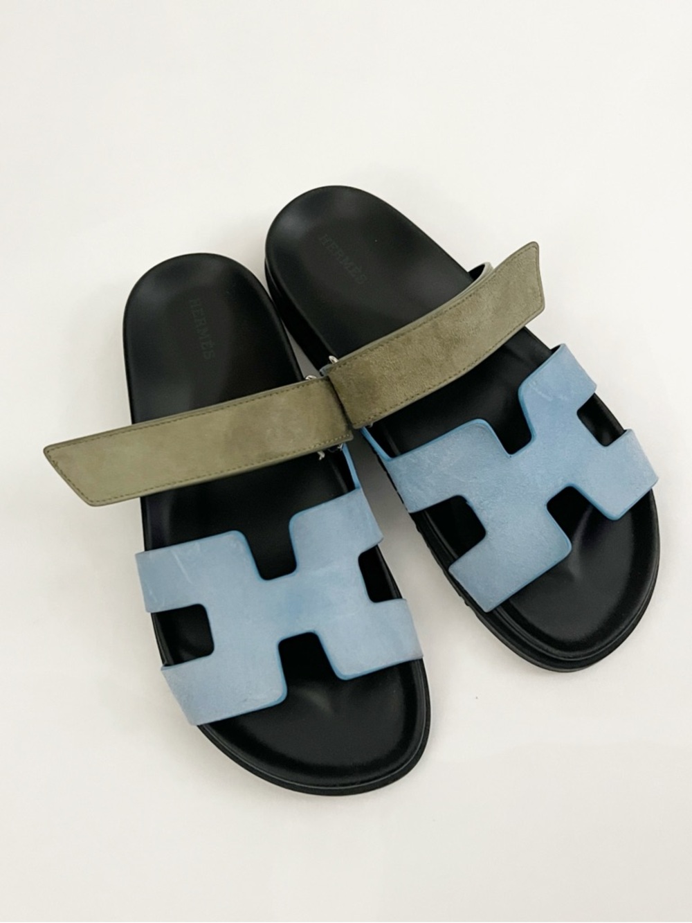 Authentic Hermès Blue Suede Chypre Slip-on Slide Sandals with Olive Strap 40/9